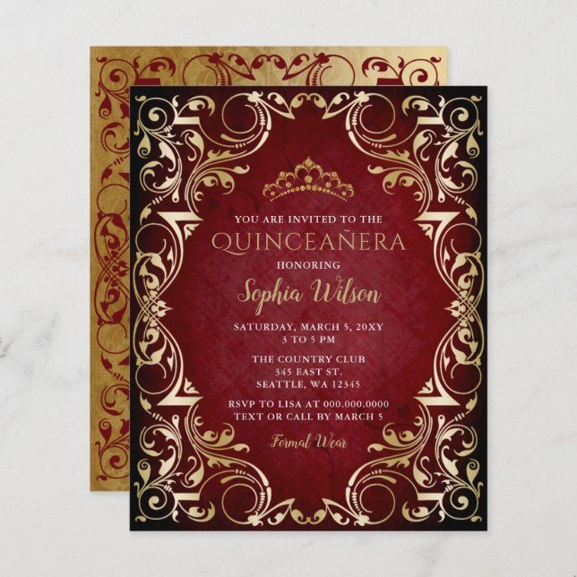 Budget Red Gold Tiara Quinceañera Invitation (Front/Back)