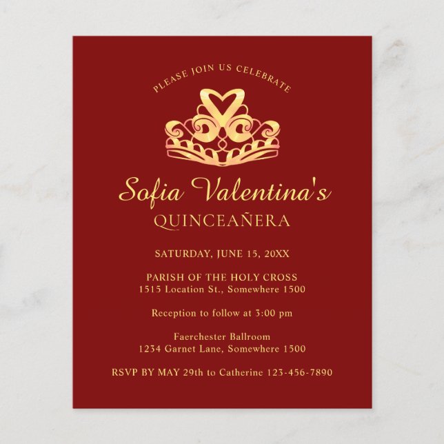 Budget Red Gold Tiara Quinceanera Invitation (Front)