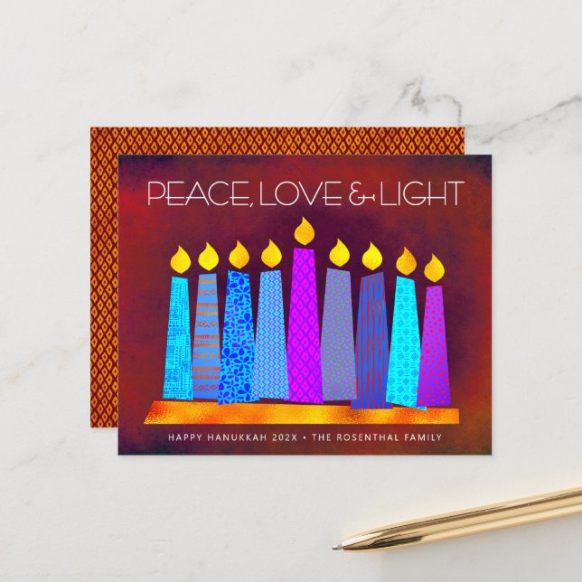 Budget Red Hanukkah Candles Peace Love Light Card (Front/Back In Situ)