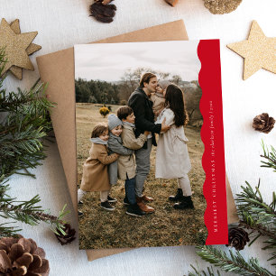 Budget Red Modern Simple Wavy Two Photo Christmas  Holiday Card