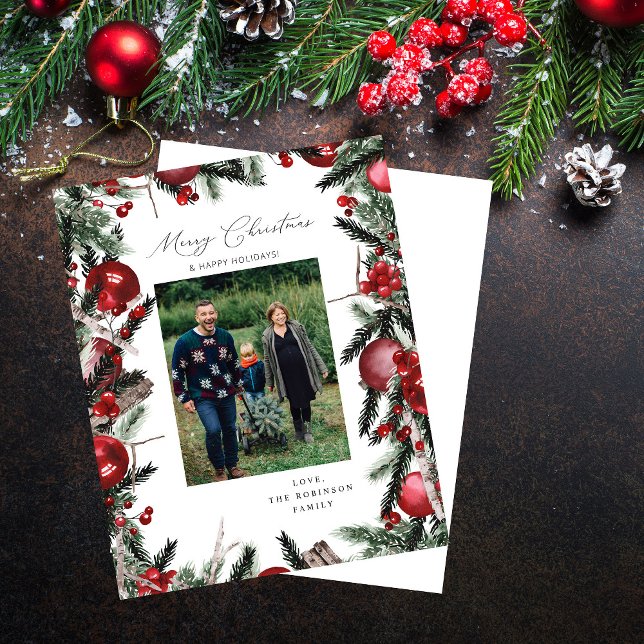 Budget Red Ornaments & Pine Merry Christmas Photo (Creator Uploaded)