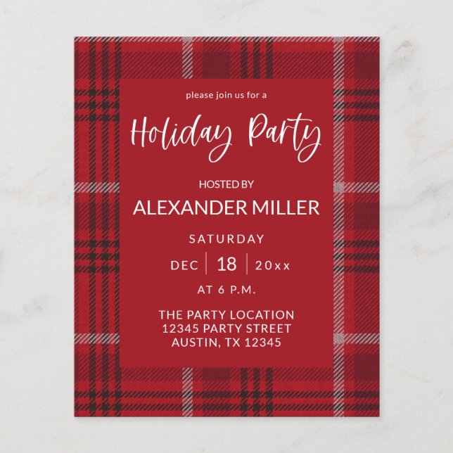 Budget Red Plaid Flannel Holiday Party Flyer (Front)
