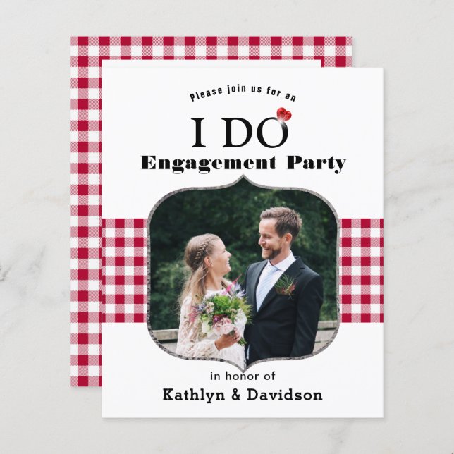 BUDGET Red Plaid Photo I DO Engagement Invitation (Front/Back)