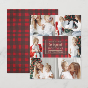 Budget Red Plaid Six Photos Collage Holiday Card