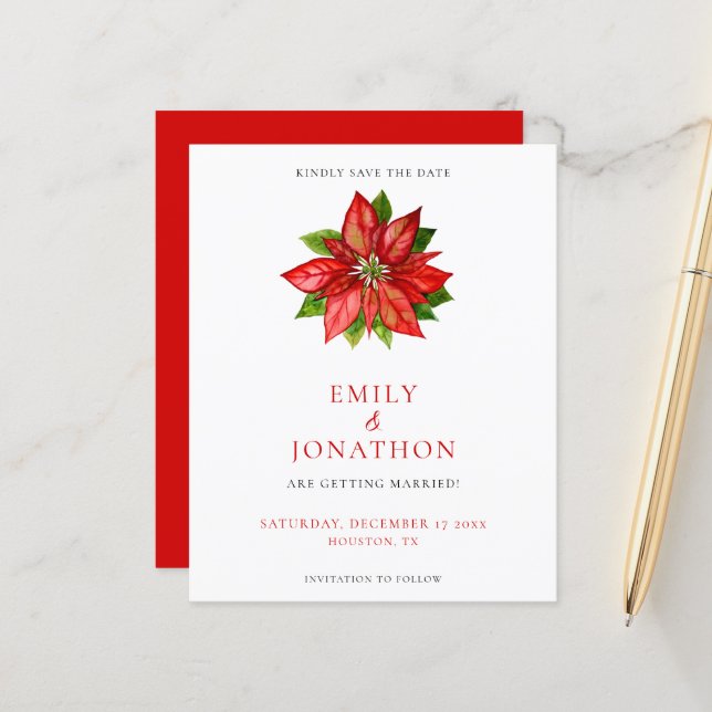 Budget Red Poinsettia Wedding Save The Date (Front/Back In Situ)