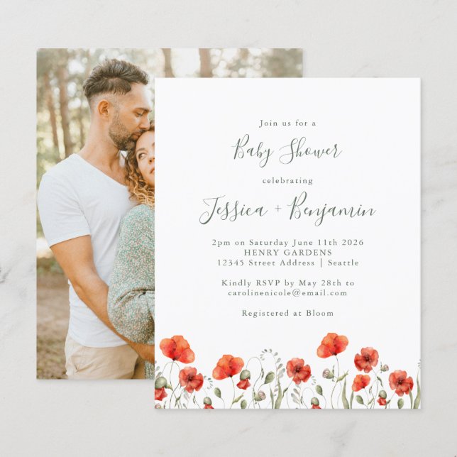 Budget Red Poppy Floral Baby Shower Photo Invite (Front/Back)