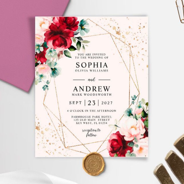 Budget Red Rose & Gold Floral Wedding Invitation (Creator Uploaded)