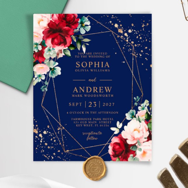 Budget Red Rose & Gold Floral Wedding Invitation (Creator Uploaded)