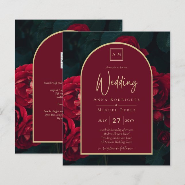 BUDGET Red Roses ForestGreen Winter Wedding INVITE (Front/Back)