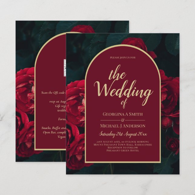 BUDGET Red Roses ForestGreen Winter Wedding INVITE (Front/Back)