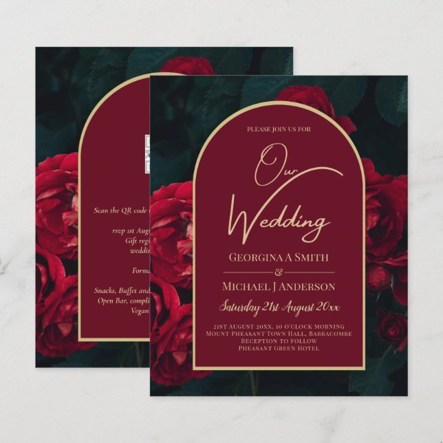 BUDGET Red Roses ForestGreen Winter Wedding INVITE (Front/Back)