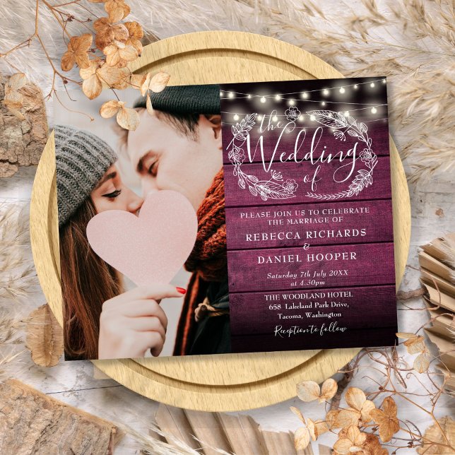 Budget Red Rustic Lights Photo Wedding Invite (Budget Red Rustic Lights Photo Wedding Invite)
