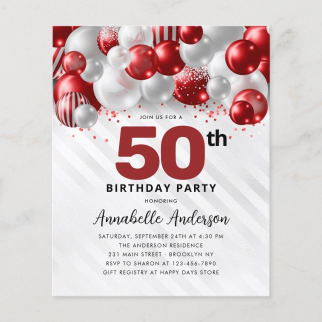 Budget Red Silver Balloon Glitter 50th Birthday (Front)