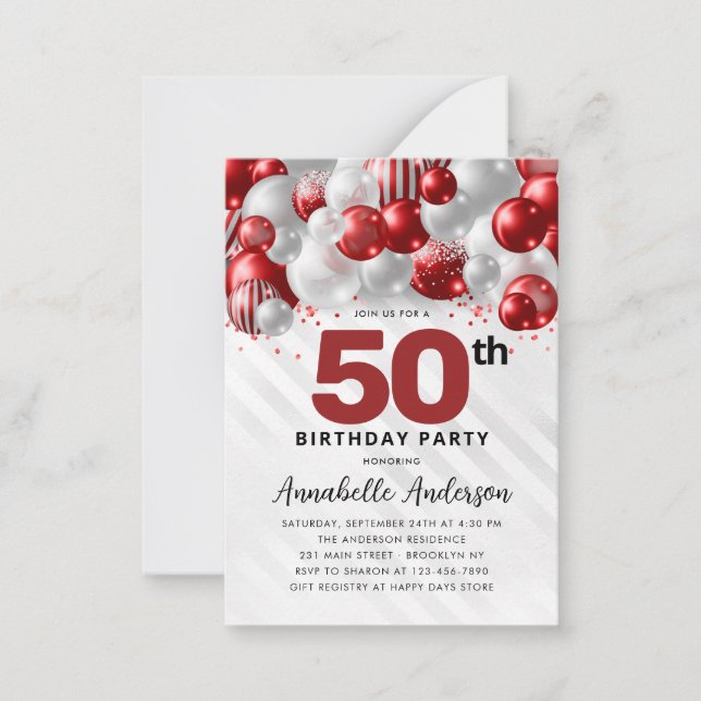 Budget Red Silver Balloon Glitter 50th Birthday Card (Front)