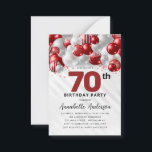 Budget Red Silver Balloon Glitter 70th Birthday Card<br><div class="desc">Modern Glam Burgundy Red Silver Balloon Glitter Sparkle Any Age Birthday Invitation</div>
