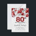 Budget Red Silver Balloon Glitter 80th Birthday Card<br><div class="desc">Modern Glam Burgundy Red Silver Balloon Glitter Sparkle Any Age Birthday Invitation</div>