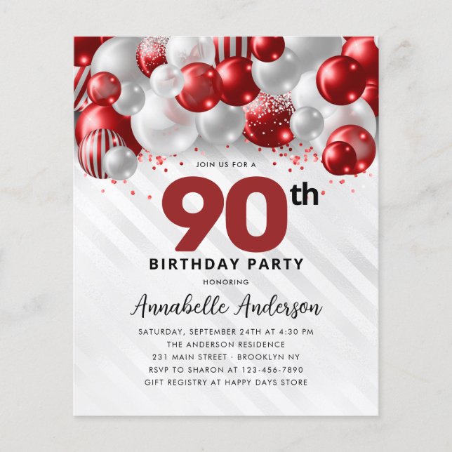Budget Red Silver Balloon Glitter 90th Birthday (Front)