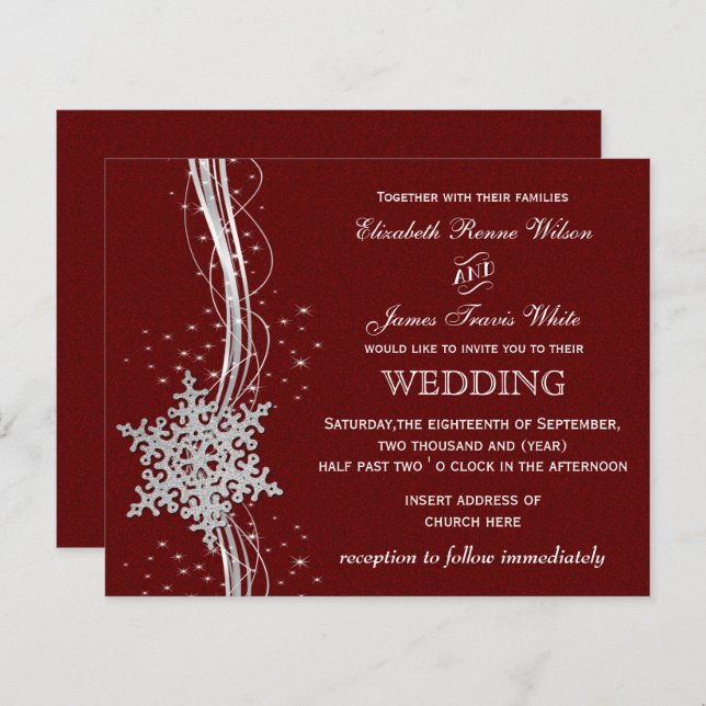 Budget Red Silver Snowflake Wedding Invitation (Front/Back)