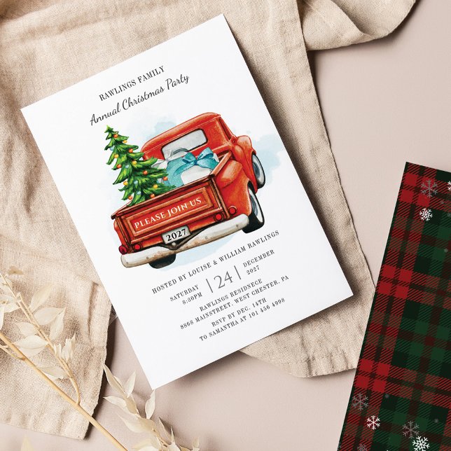 Budget Red Truck Christmas Party Invitation Flyer (Red Truck Family Christmas Party Invitation)