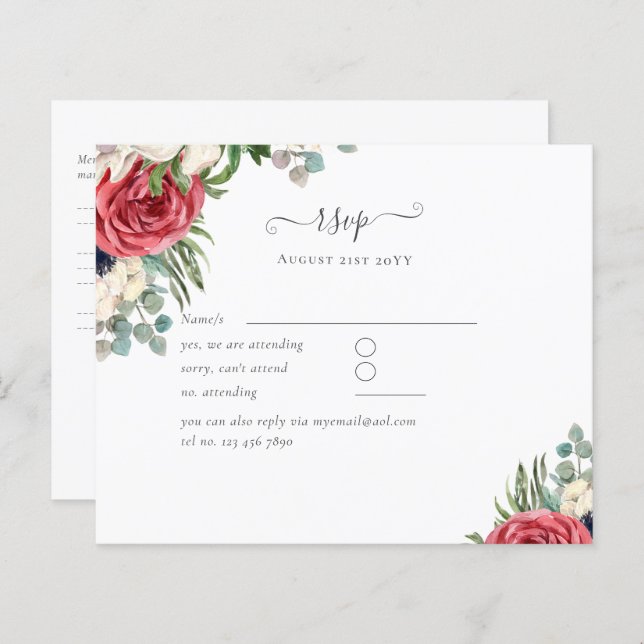 Budget Red White Blue Floral Wedding RSVP (Front/Back)
