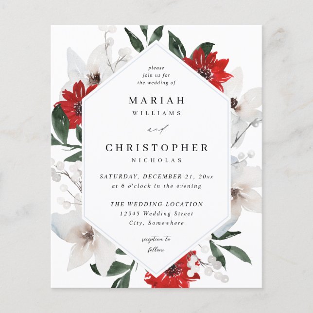 Budget Red & White Christmas Floral Wedding  Flyer (Front)