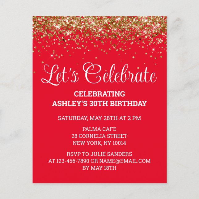 Budget Red White & Gold 30th Birthday Party Invite (Front)