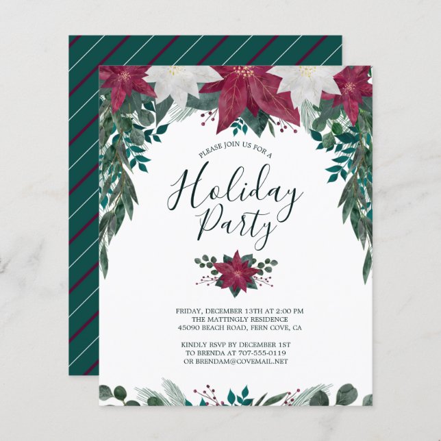 Budget Red White Poinsettias Holiday Party Invite (Front/Back)