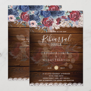 Budget Rehearsal Dinner Burgundy Blue Floral Lace  Invitation