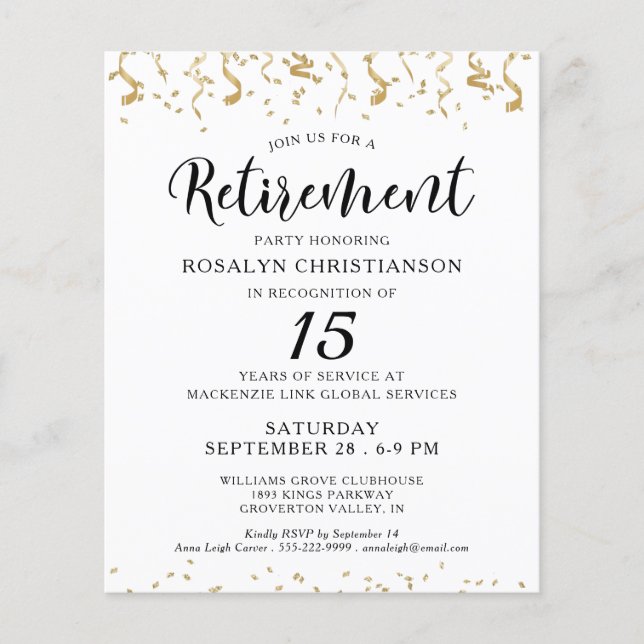 Budget Retirement Party Confetti Script Invitation (Front)