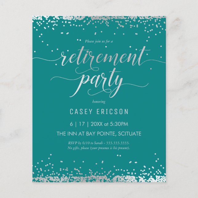 Budget Retirement Party Invite - Silver, Teal Flyer (Front)
