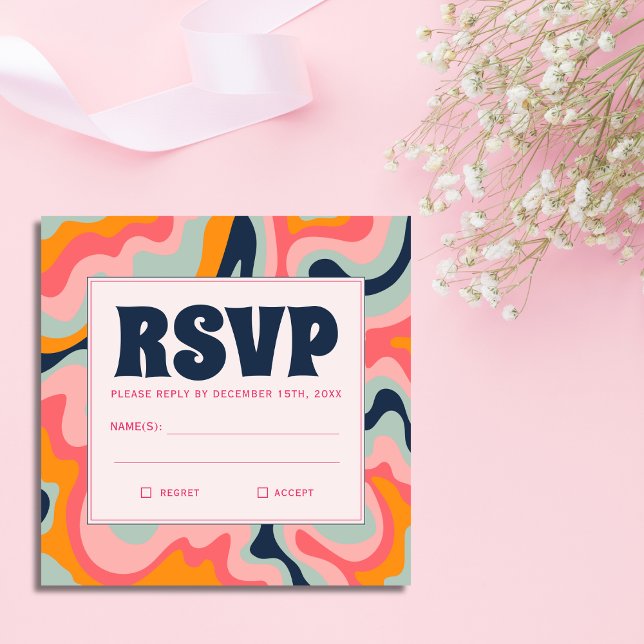 Budget Retro 70s Pastel Pink Blue Groovy RSVP Enclosure Card (Creator Uploaded)