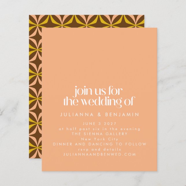 Budget Retro Aesthetic Chic Peach Wedding Invite (Front/Back)