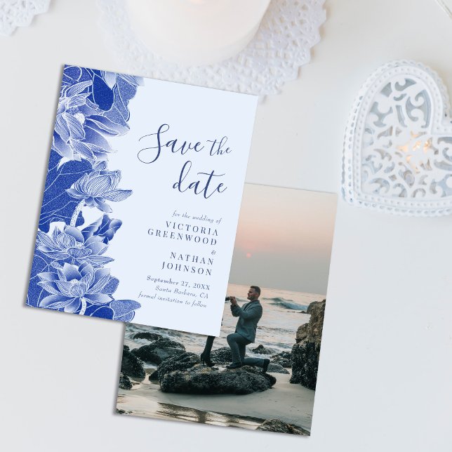 Budget Retro Blue Floral with Photo Save the Date (Creator Uploaded)
