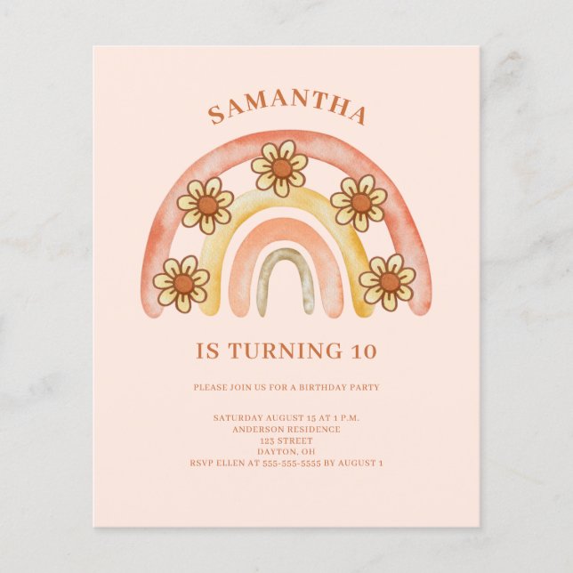 Budget Retro Boho Rainbow 10th Birthday Invitation (Front)