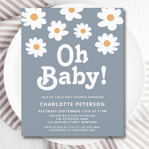 Budget Retro Daisy Blue Baby Shower Invitation
