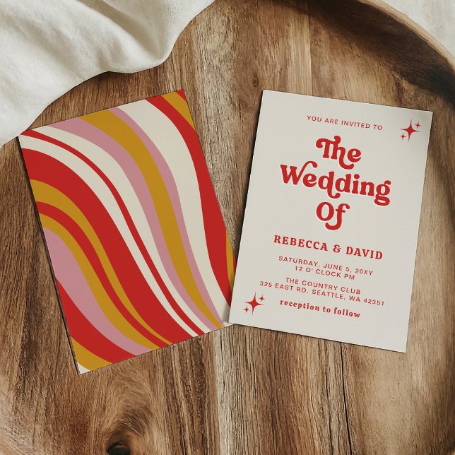 Budget Retro Groovy 70s Ivory Red Wedding Invite (Retro Groovy 70s Cute Ivory Red Pink Wedding Invitation)