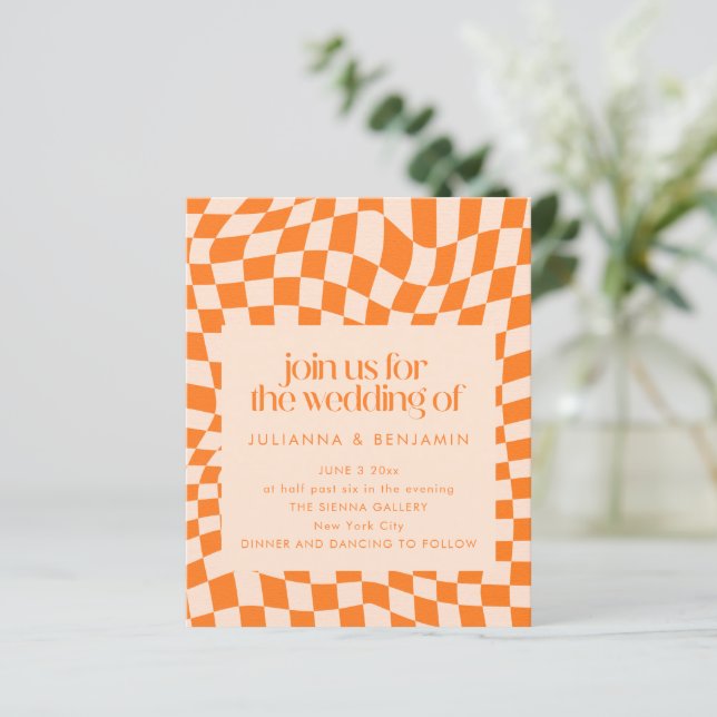 Budget Retro Orange Check Wedding QR Code Invite (Standing Front)