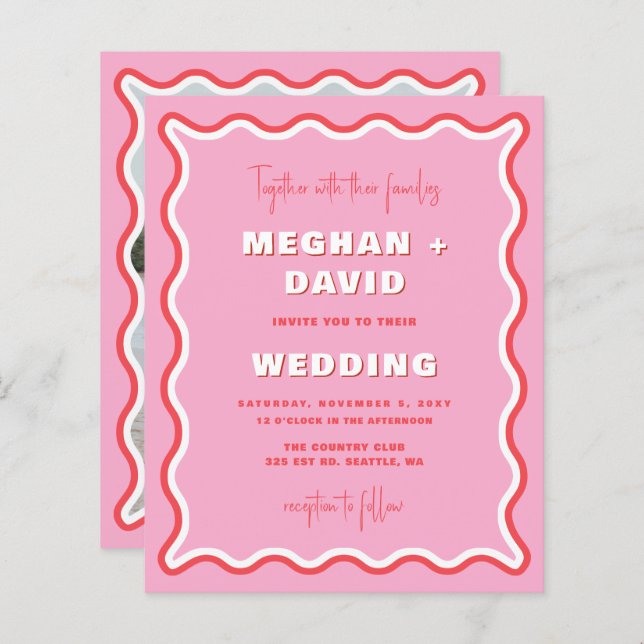 Budget Retro Wavy Curve Pink Red Photo Wedding  (Front/Back)