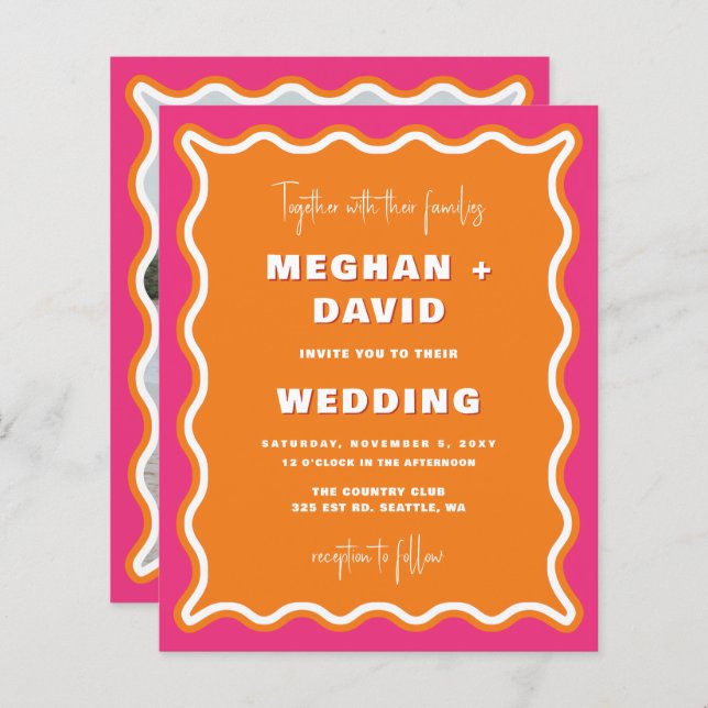 Budget Retro Wavy Pink Orange Photo Wedding  (Front/Back)