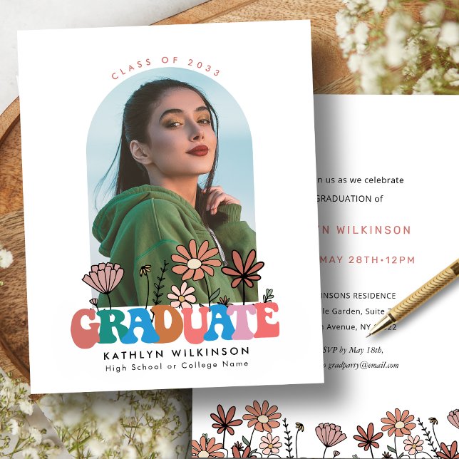 BUDGET Retro Wildflower Arch Photo GRAD Invitation (Creator Uploaded)