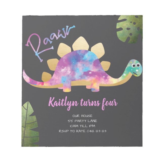Budget Roar Cute Abstract Pink Dinosaur Invitation Notepad (Front)