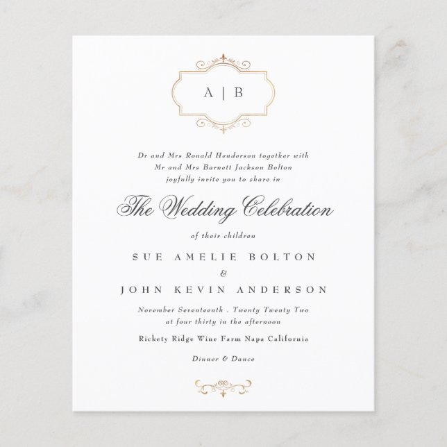 Budget romantic classic gold monogram wedding flyer (Front)