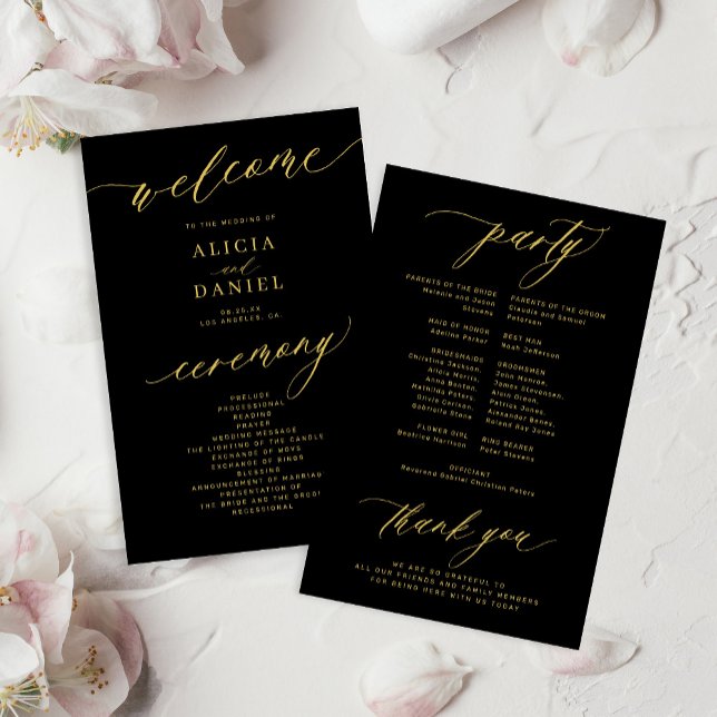 Budget romantic gold script black wedding program (Creator Uploaded)