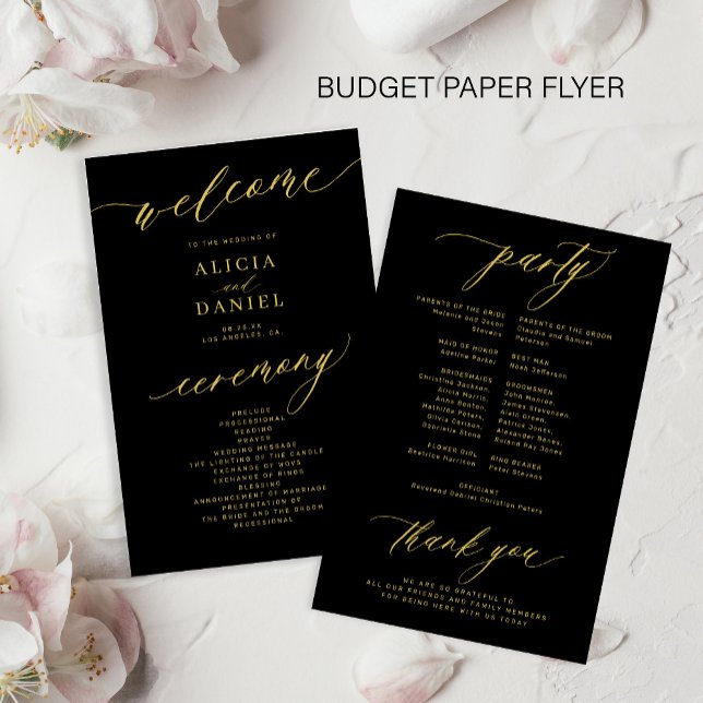 Budget romantic gold script black wedding program flyer (Creator Uploaded)