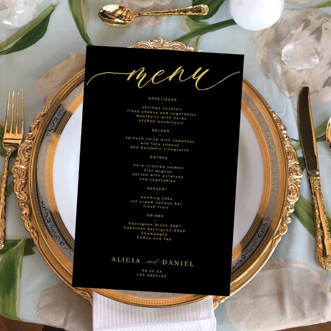 Budget romantic gold typography black wedding menu (Creator Uploaded)