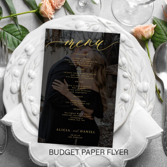 Budget romantic photo gold black wedding menu (Creator Uploaded)