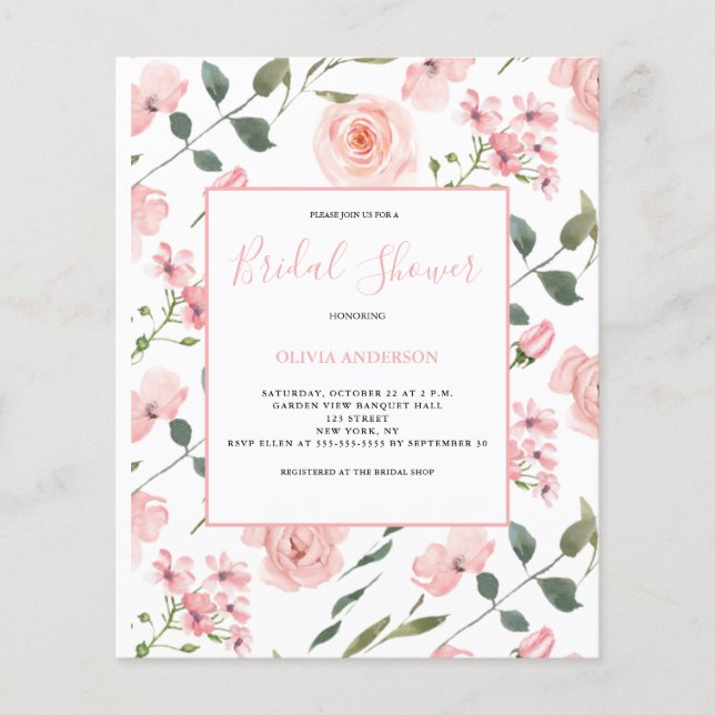 Budget Rose Blush Floral Bridal Shower Flyer (Front)