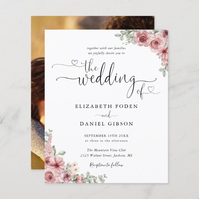 Budget Rose Floral Script Photo Wedding Invitation (Front/Back)