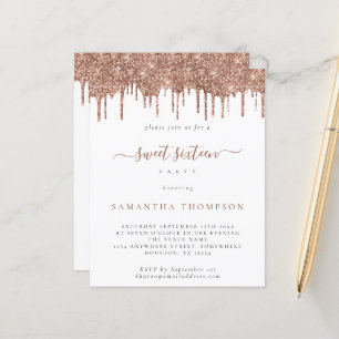 Budget Rose Glitter Drips Sweet 16 Invitation