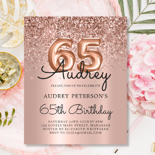 Budget Rose Gold Balloon 65th Birthday Invitation